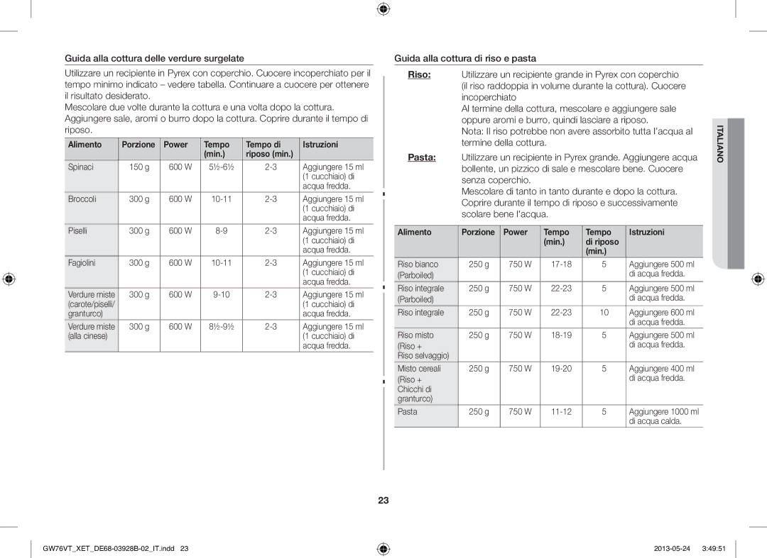 Samsung GW76VT-SS/XET Alimento Porzione Power Tempo Tempo di Istruzioni Min, Alimento Porzione Power Tempo Istruzioni 