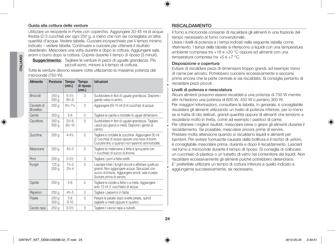 Samsung GW76VT-SSX/XET, GW76VT-BB/XET manual Riscaldamento, Guida alla cottura delle verdure, Alimento, Tempo Istruzioni Min 