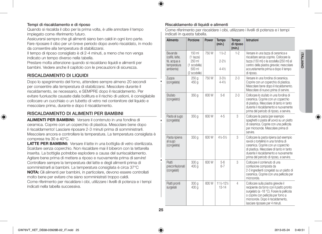 Samsung GW76VT-BB/XET, GW76VT-SSX/XET, GW76VT-SS/XET manual Riscaldamento DI Liquidi, Riscaldamento DI Alimenti PER Bambini 