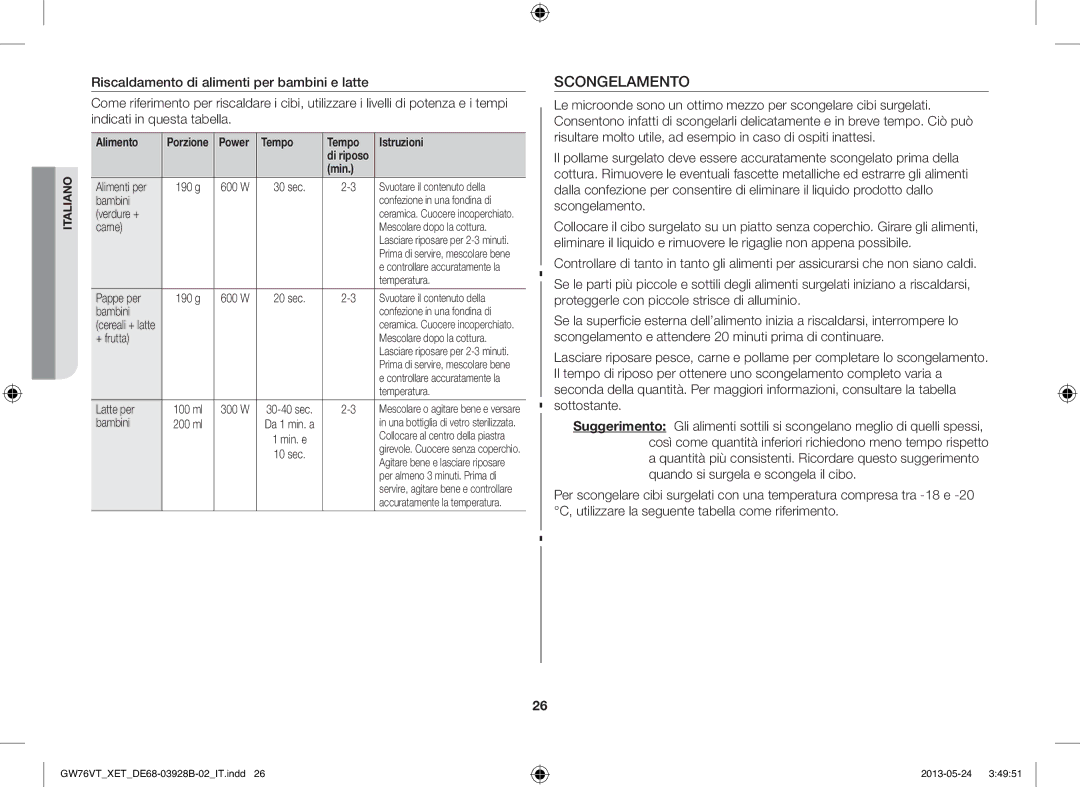 Samsung GW76VT-SS/XET, GW76VT-SSX/XET, GW76VT-BB/XET manual Scongelamento, Tempo Istruzioni 