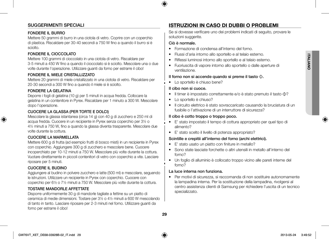 Samsung GW76VT-SS/XET, GW76VT-SSX/XET, GW76VT-BB/XET manual Istruzioni in Caso DI Dubbi O Problemi, Suggerimenti Speciali 