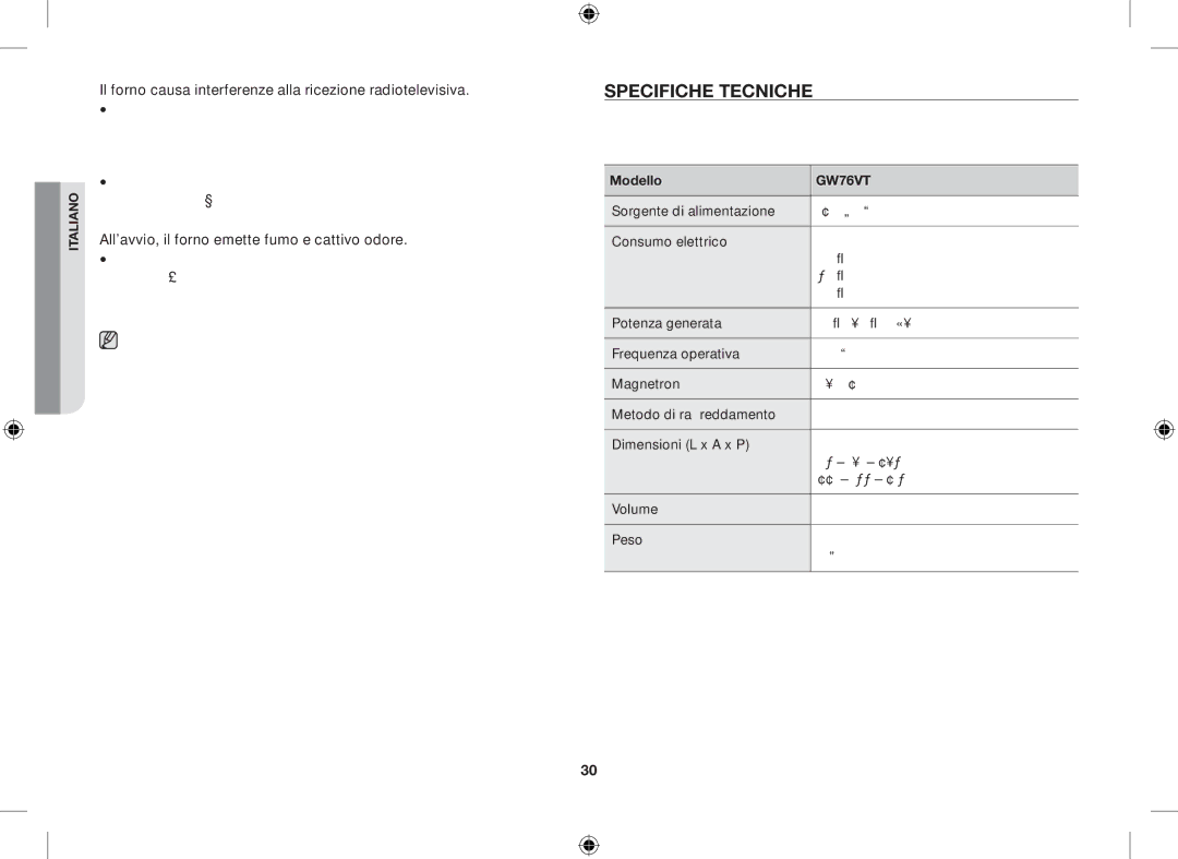 Samsung GW76VT-SSX/XET, GW76VT-BB/XET manual Specifiche Tecniche, All’avvio, il forno emette fumo e cattivo odore, Modello 