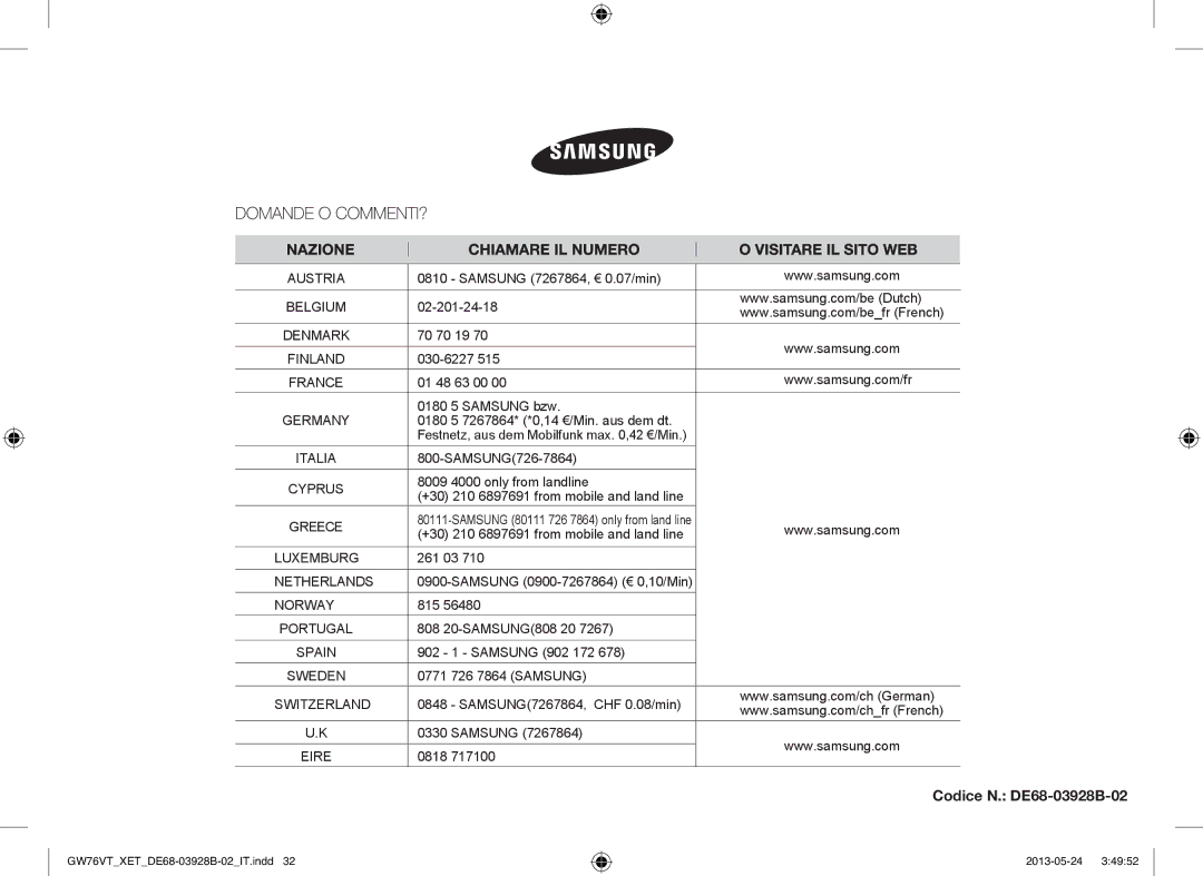 Samsung GW76VT-SS/XET, GW76VT-SSX/XET, GW76VT-BB/XET manual Codice N. DE68-03928B-02 