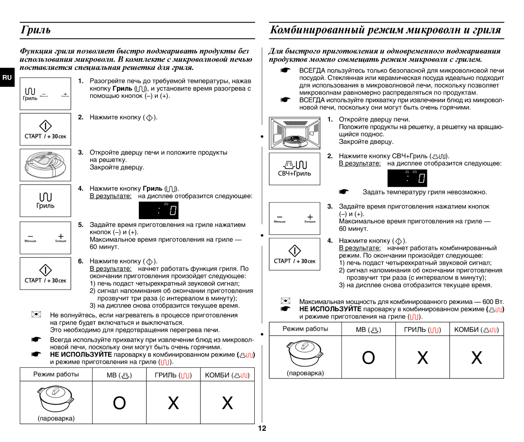 Samsung GW77NMR-X/BWT manual Гриль, Комбинированный режим микроволн и гриля 