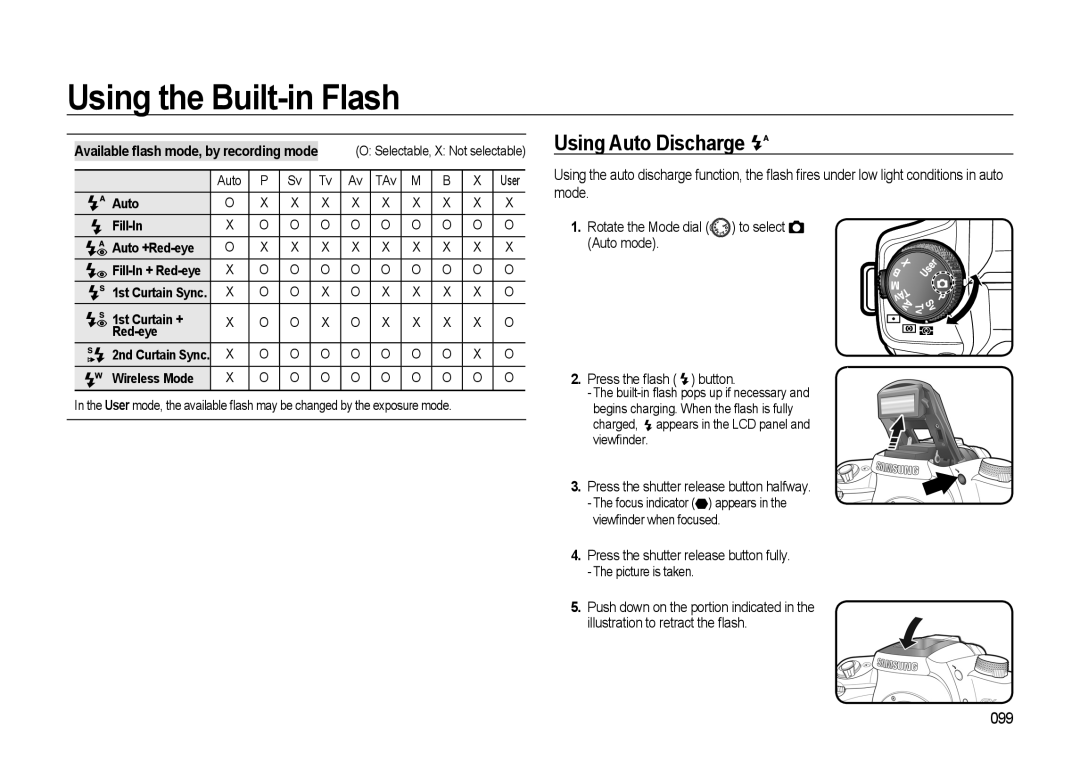 Samsung GX-20 manual Using Auto Discharge, 099, Auto Fill-In Auto +Red-eye, 1st Curtain + Red-eye, Wireless Mode 