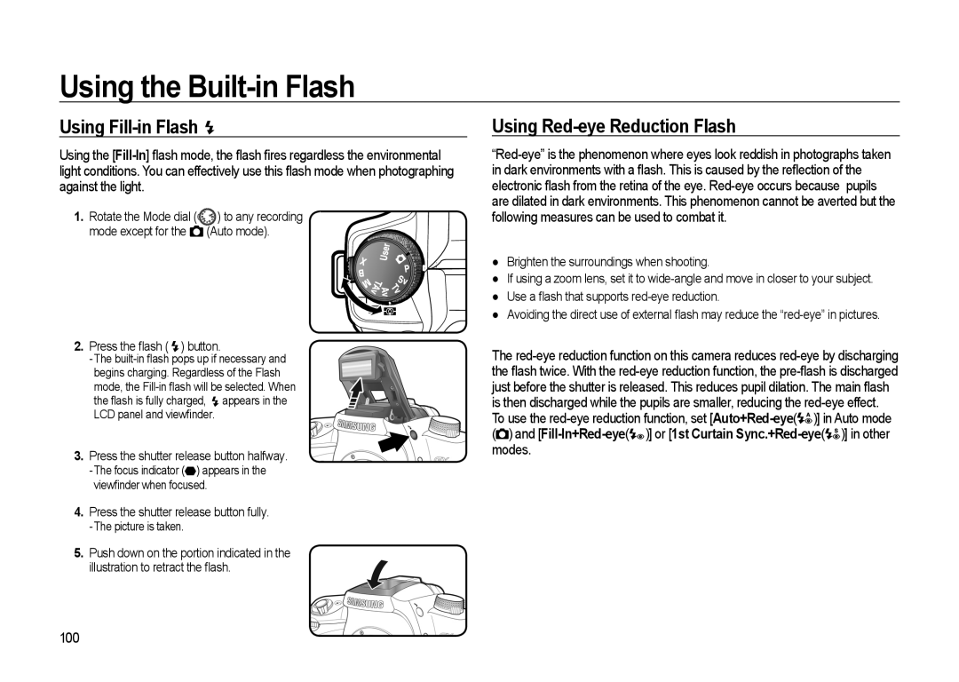 Samsung GX-20 manual Using Fill-in Flash, Using Red-eye Reduction Flash, 100, Brighten the surroundings when shooting 