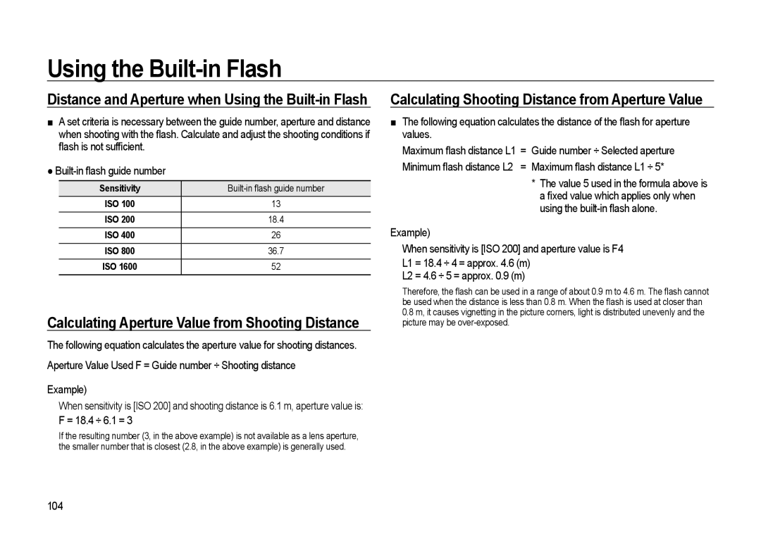 Samsung GX-20 Distance and Aperture when Using the Built-in Flash, Calculating Aperture Value from Shooting Distance, 104 