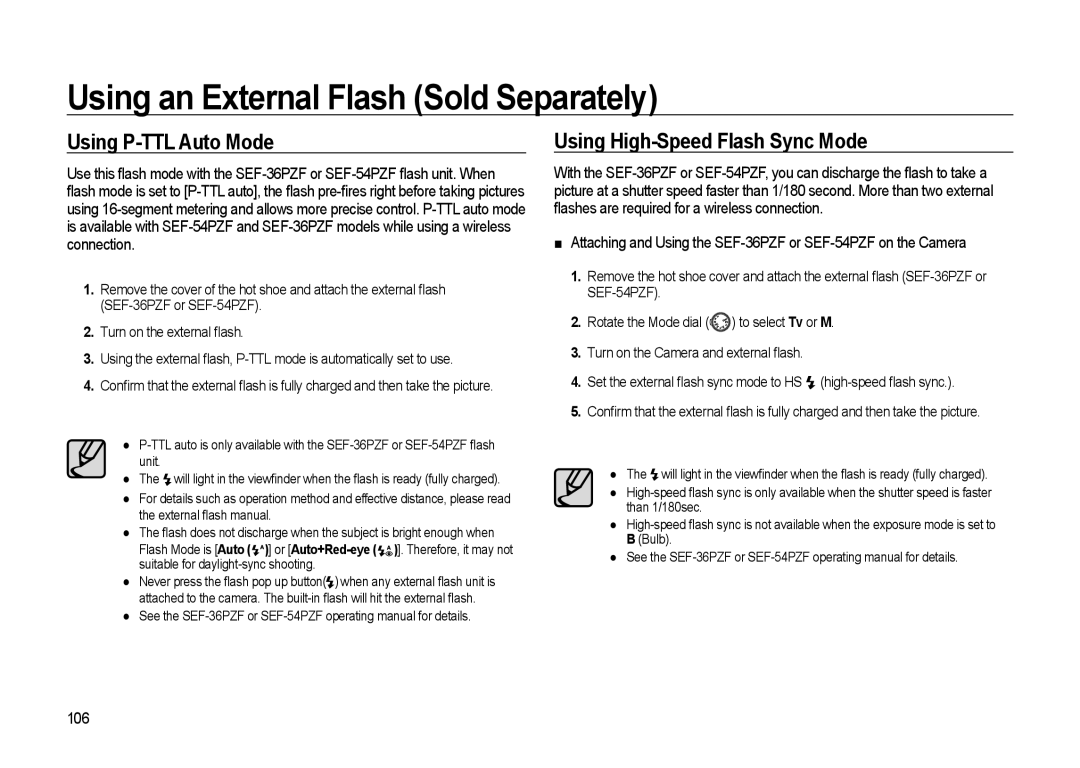 Samsung GX-20 manual Using P-TTL Auto Mode, Using High-Speed Flash Sync Mode, 106, Unit 