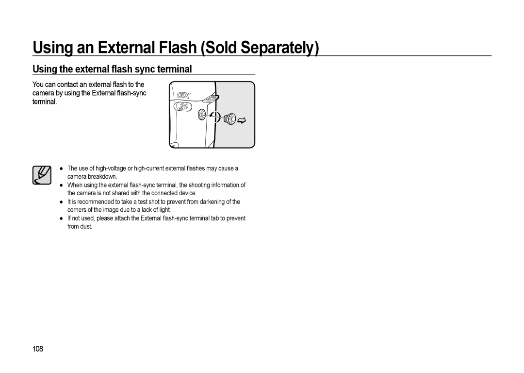 Samsung GX-20 manual Using the external ﬂash sync terminal, 108 