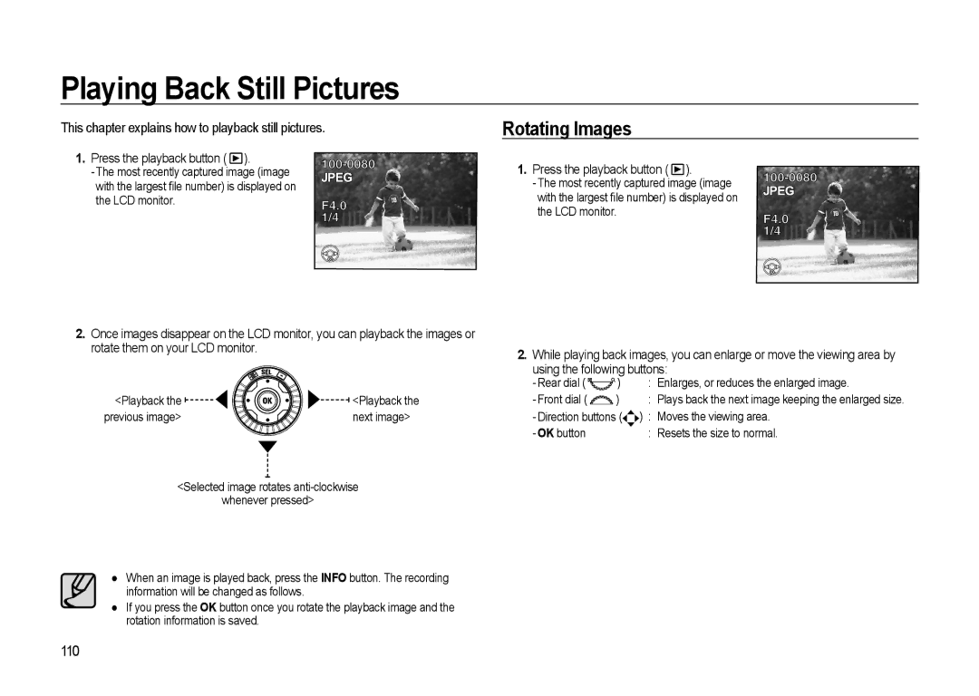 Samsung GX-20 Playing Back Still Pictures, Rotating Images, This chapter explains how to playback still pictures, 110 