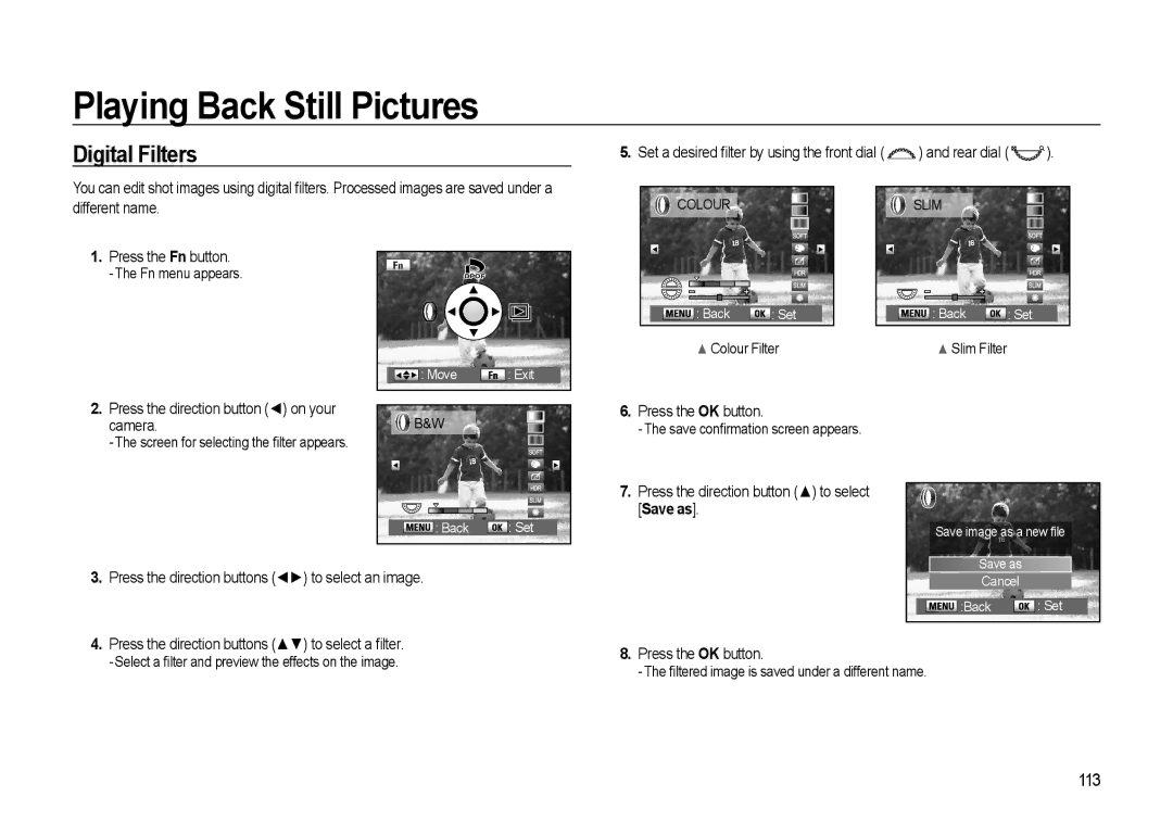 Samsung GX-20 manual Digital Filters, 113, Different name Press the Fn button, Press the direction button to select Save as 