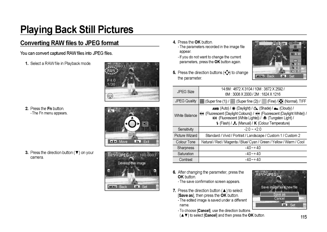 Samsung GX-20 manual Converting RAW ﬁles to Jpeg format, You can convert captured RAW ﬁles into Jpeg ﬁles, 115 