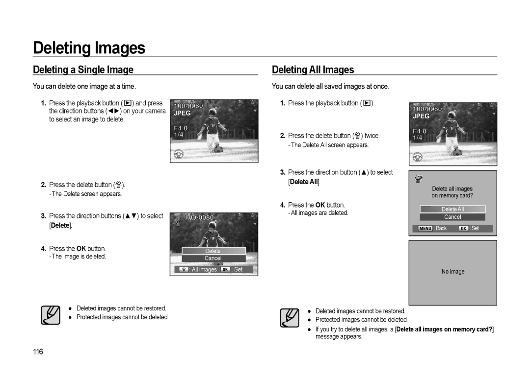 Samsung GX-20 manual Deleting Images, Deleting a Single Image Deleting All Images, You can delete one image at a time, 116 