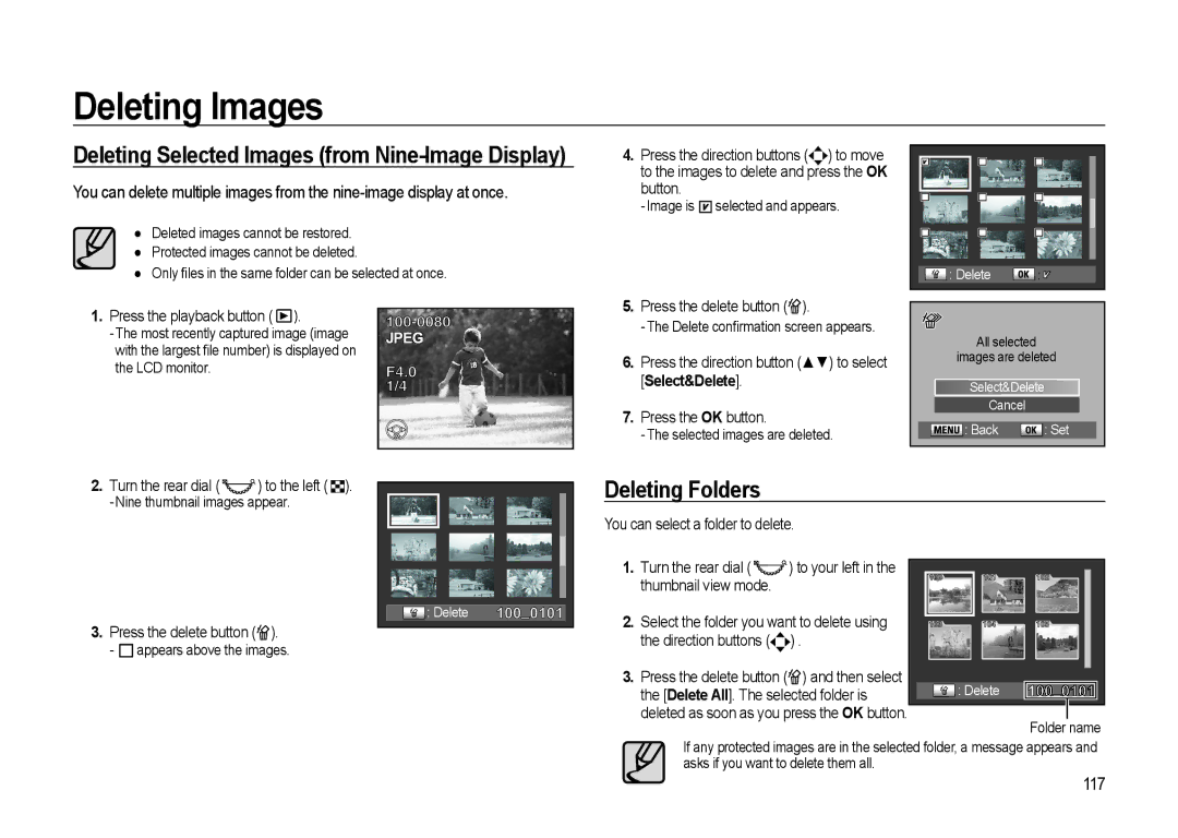 Samsung GX-20 manual Deleting Selected Images from Nine-Image Display, Deleting Folders, 117 