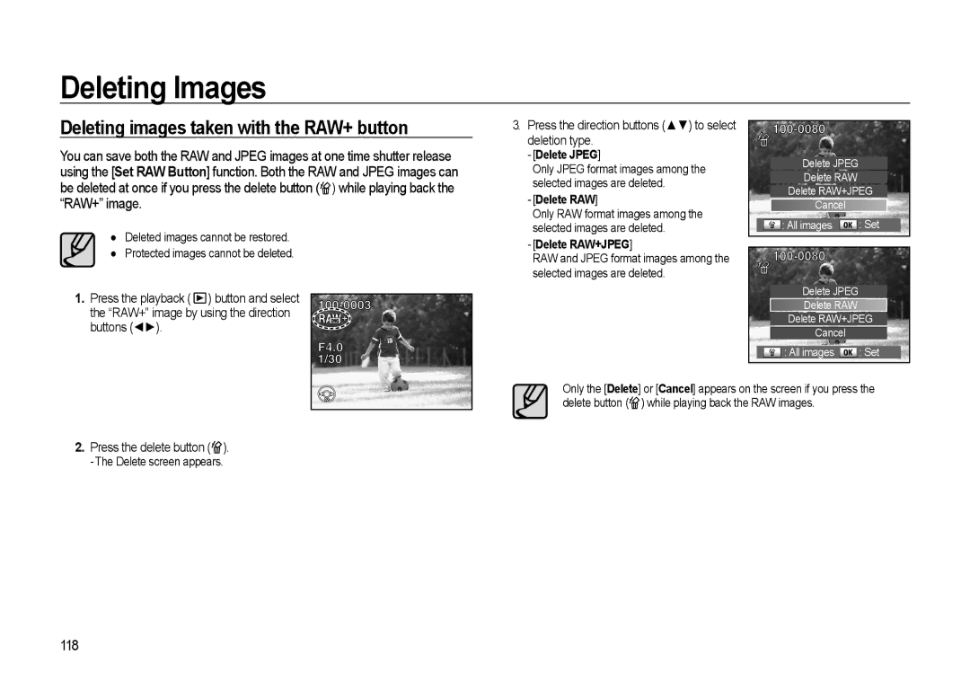 Samsung GX-20 manual Deleting images taken with the RAW+ button, 118 