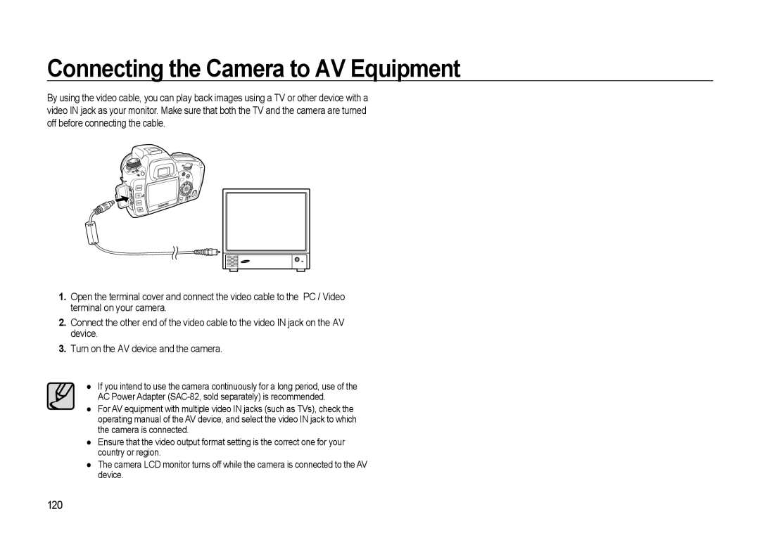 Samsung GX-20 manual Connecting the Camera to AV Equipment, 120 