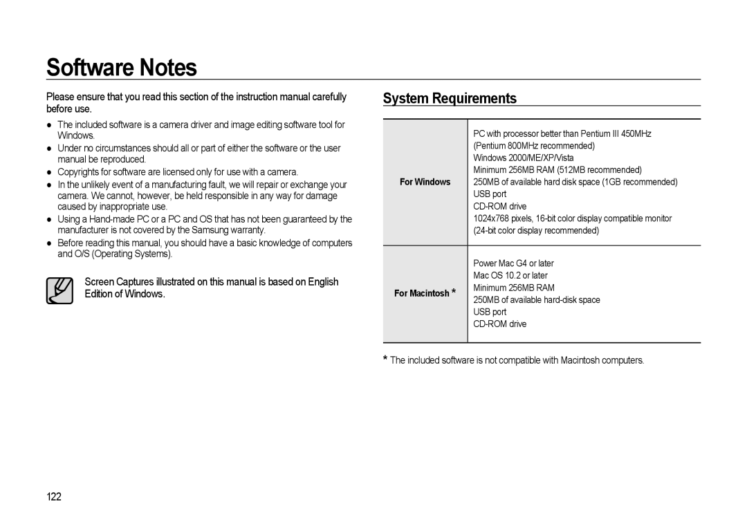 Samsung GX-20 manual Software Notes, System Requirements, 122 