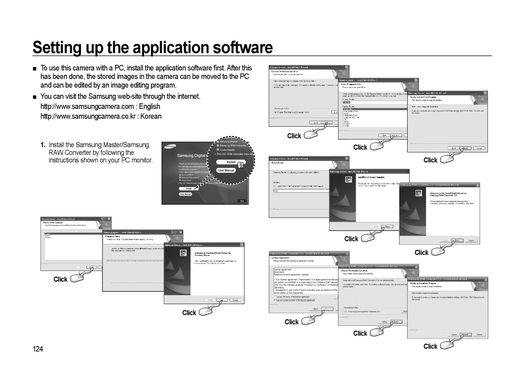 Samsung GX-20 manual Setting up the application software, 124, Click 