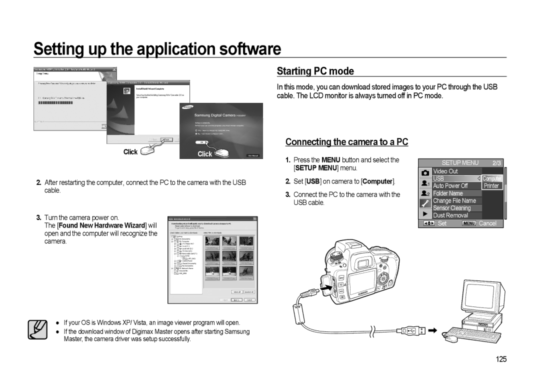 Samsung GX-20 manual Starting PC mode, 125, Press the Menu button and select the Setup Menu menu 