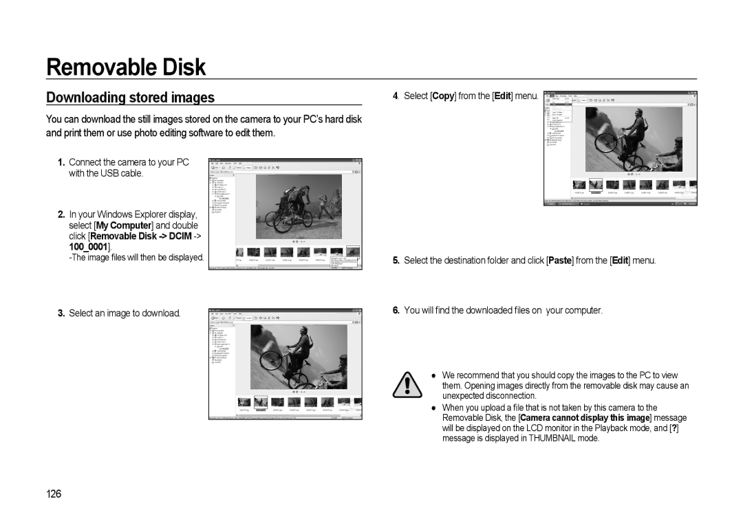 Samsung GX-20 manual Removable Disk, Downloading stored images, 126, Unexpected disconnection 