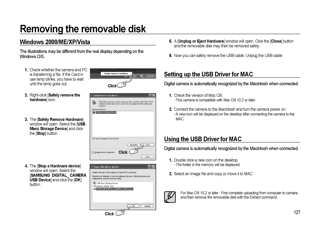 Samsung GX-20 manual Removing the removable disk, Windows 2000/ME/XP/Vista, Setting up the USB Driver for MAC, 127 