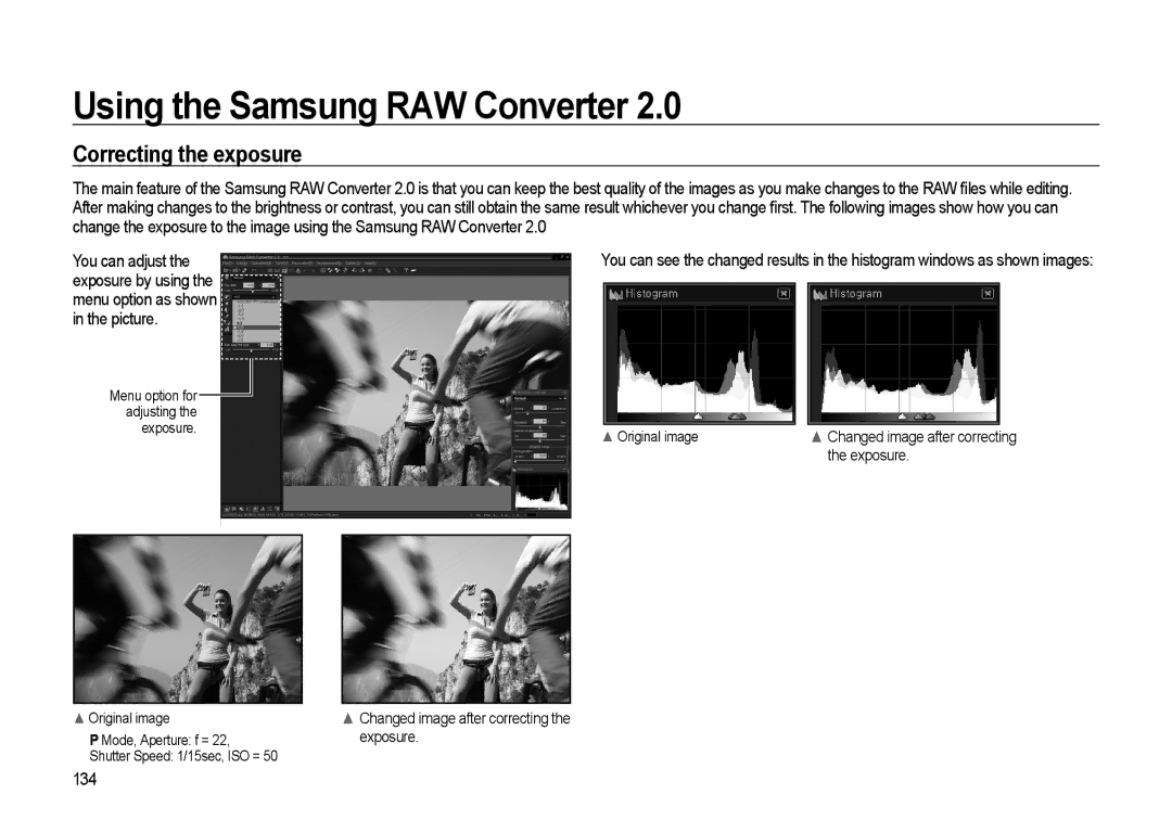 Samsung GX-20 manual Correcting the exposure, 134, Exposure 