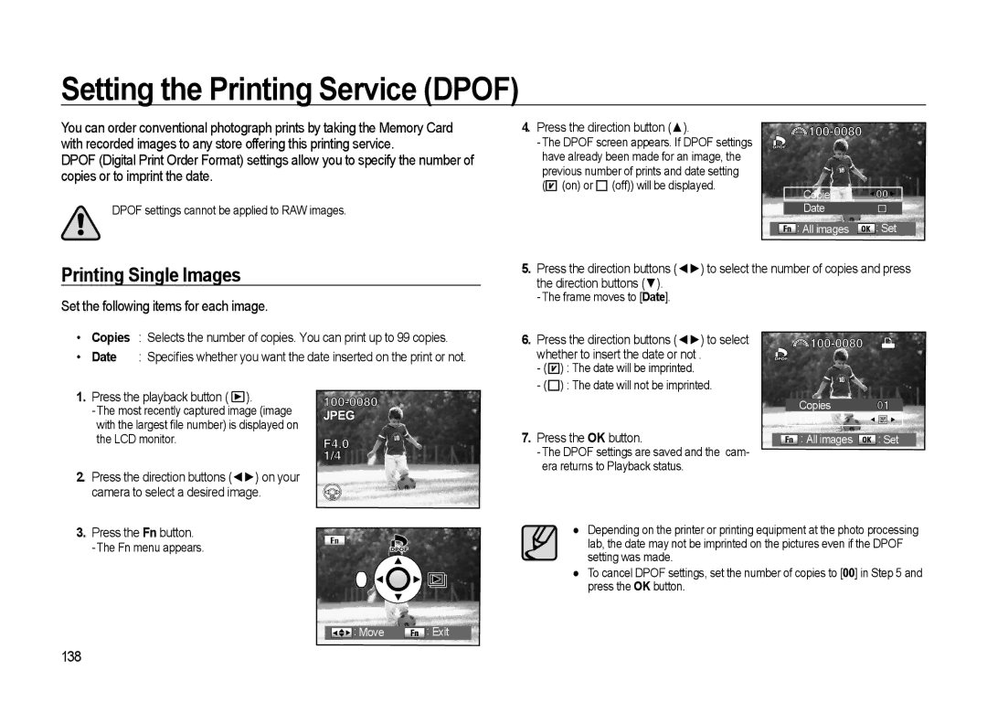 Samsung GX-20 manual Setting the Printing Service Dpof, Printing Single Images, Set the following items for each image, 138 