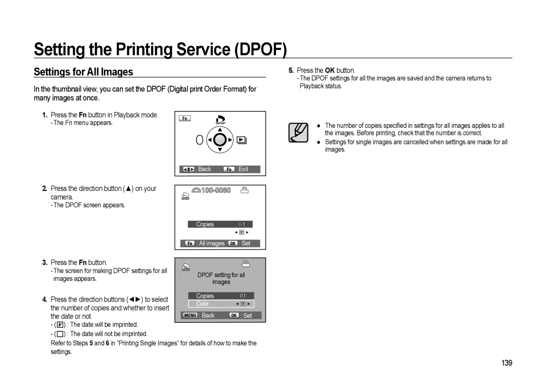 Samsung GX-20 manual Settings for All Images, 139, Press the Fn button in Playback mode 