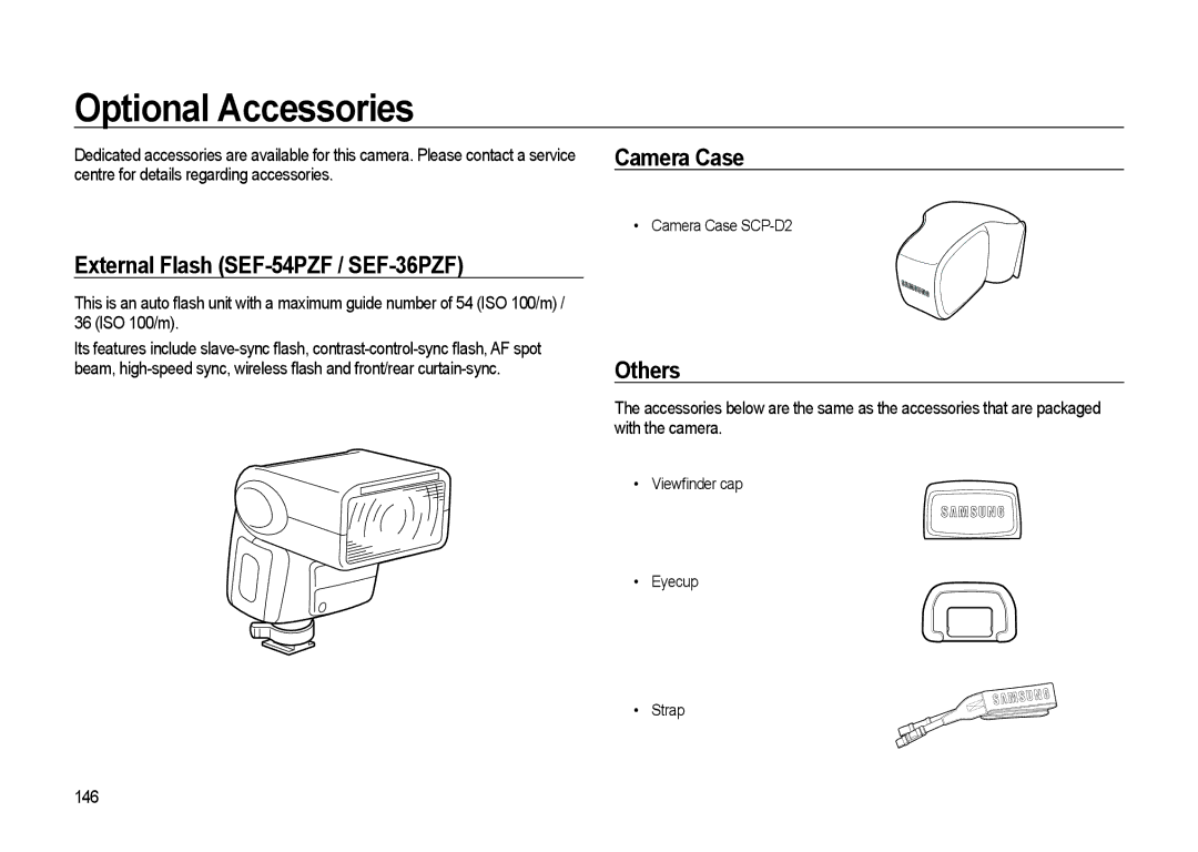 Samsung GX-20 manual Optional Accessories, External Flash SEF-54PZF / SEF-36PZF, Camera Case, Others, 146 