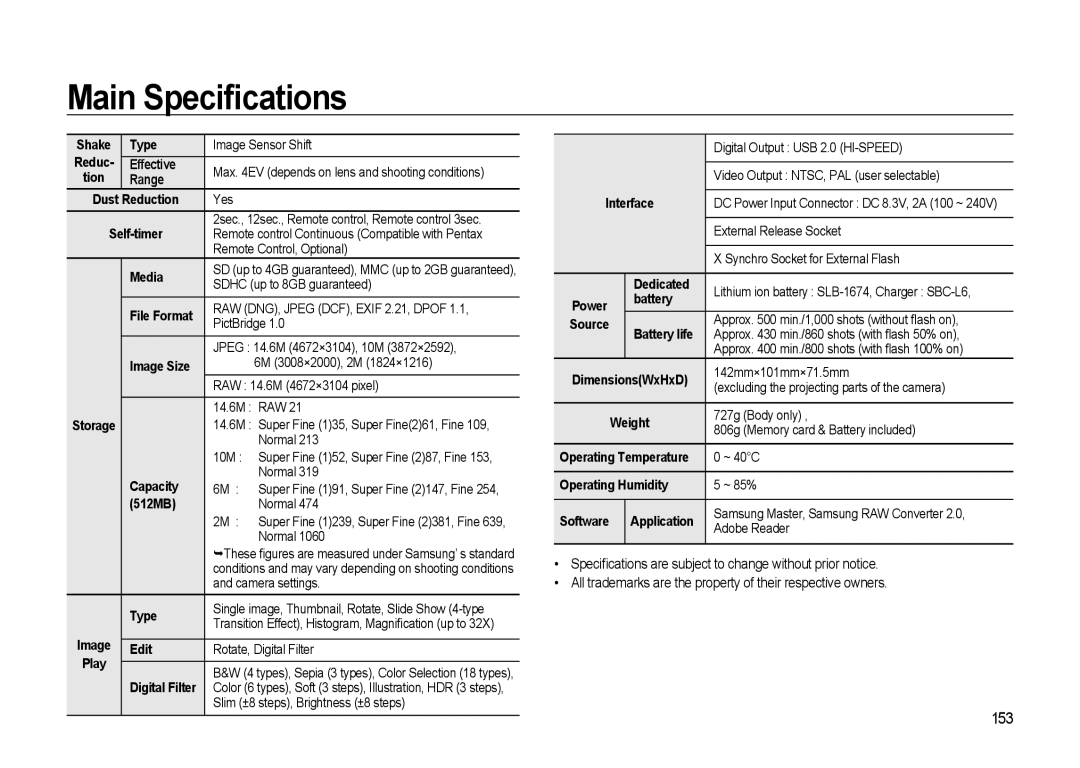 Samsung GX-20 manual Main Speciﬁcations, 153 