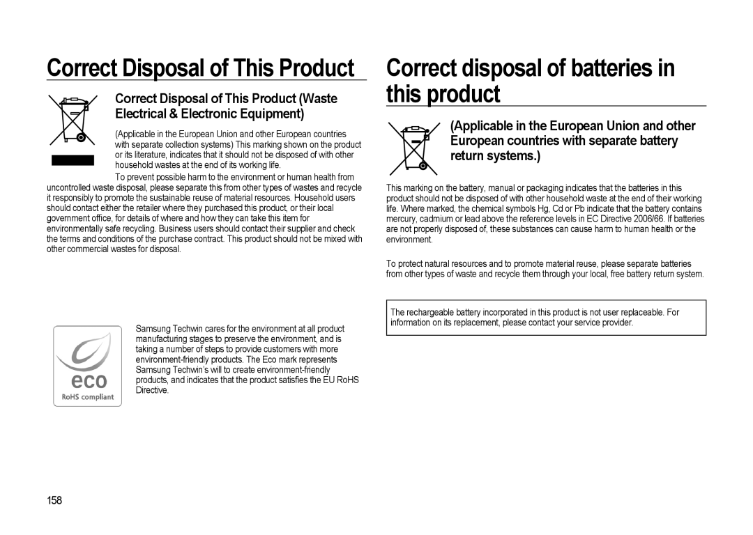 Samsung GX-20 manual Correct disposal of batteries in this product, 158 