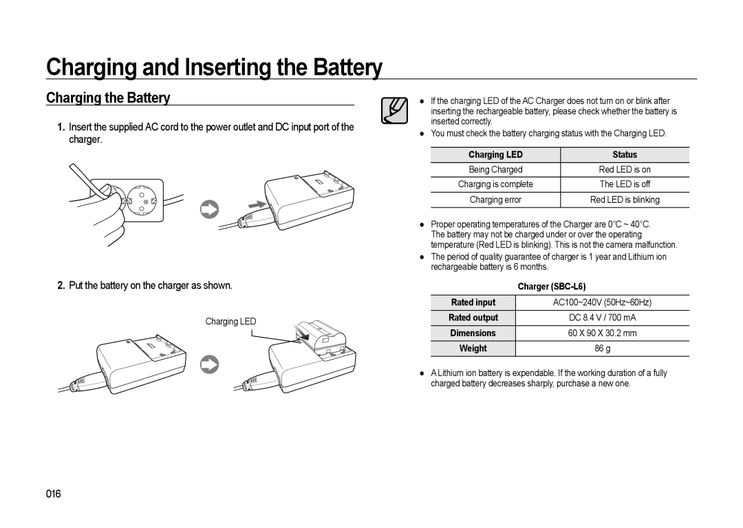 Samsung GX-20 manual Charging and Inserting the Battery, Charging the Battery, 016, Charging LED Status, Charger SBC-L6 