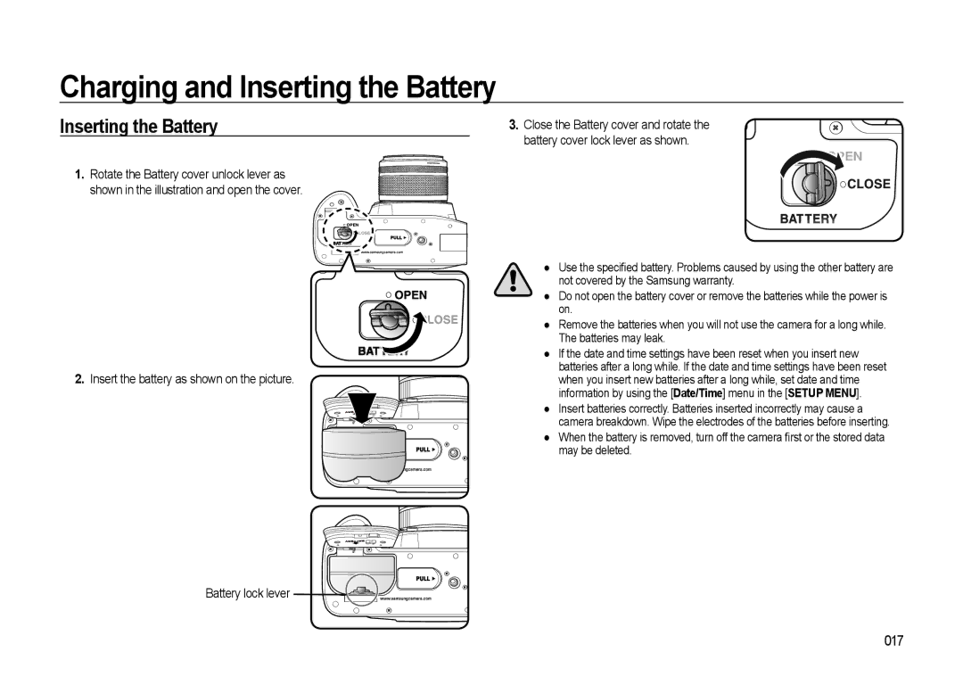 Samsung GX-20 manual Inserting the Battery, 017, Insert the battery as shown on the picture 