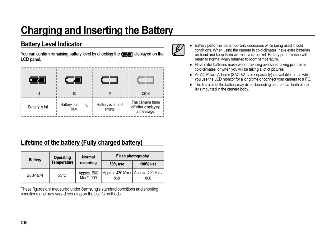 Samsung GX-20 manual Battery Level Indicator, Lifetime of the battery Fully charged battery, 018 