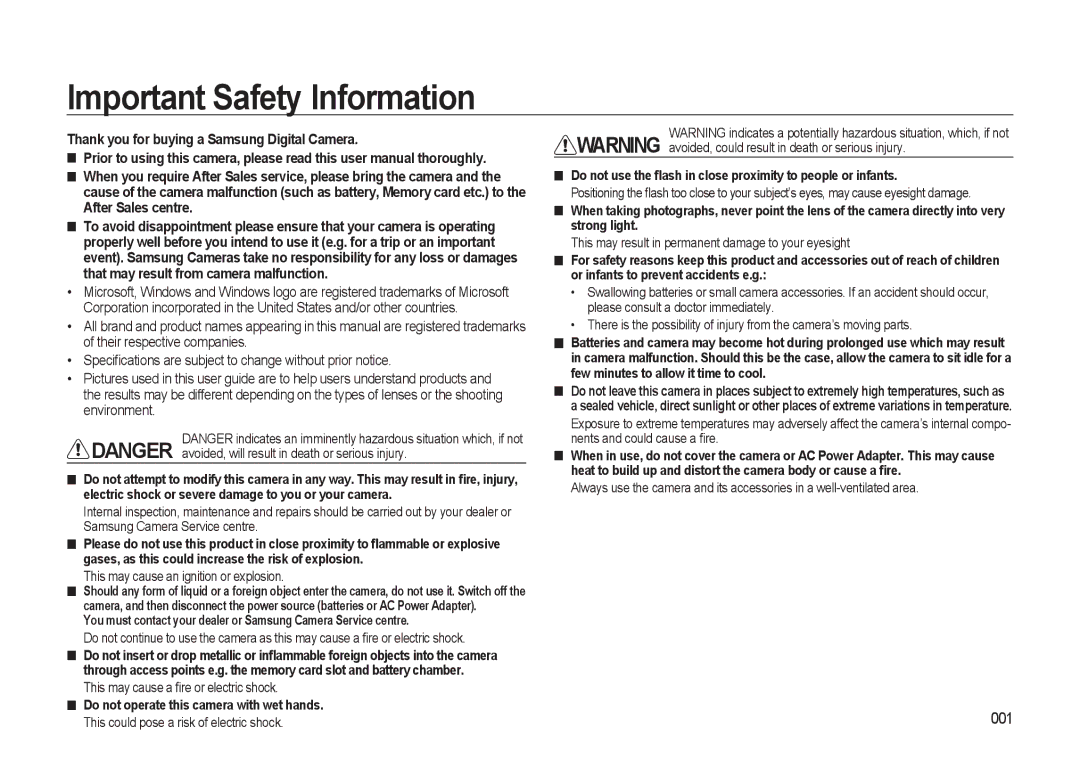 Samsung GX-20 manual Important Safety Information, 001, Do not use the ﬂash in close proximity to people or infants 