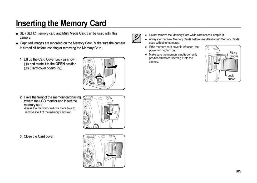 Samsung GX-20 manual Inserting the Memory Card, Close the Card cover, 019 