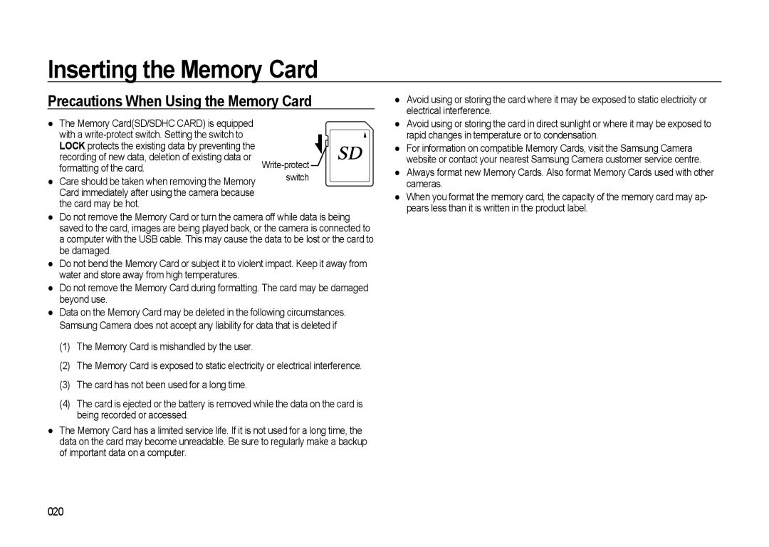 Samsung GX-20 manual Precautions When Using the Memory Card, 020 