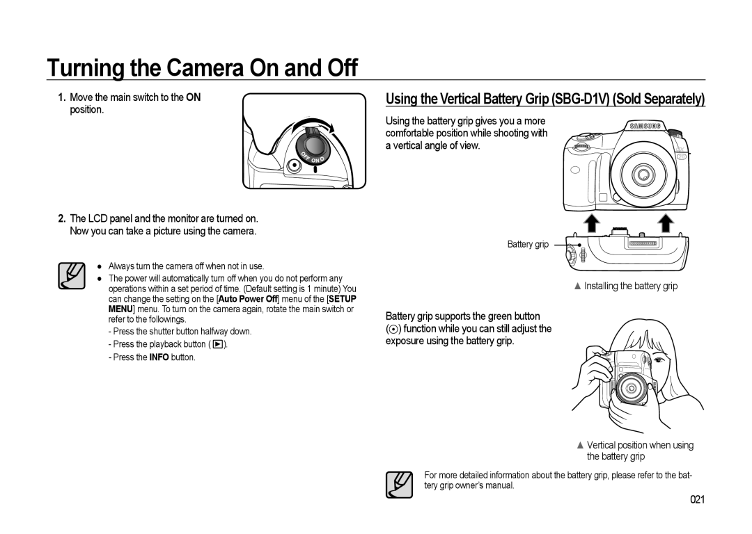 Samsung GX-20 manual Turning the Camera On and Off, Move the main switch to the on position, 021 