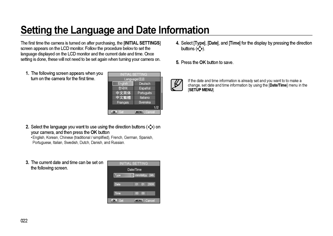 Samsung GX-20 Setting the Language and Date Information, Current date and time can be set on the following screen, 022 