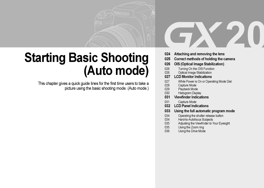 Samsung GX-20 manual Starting Basic Shooting Auto mode, LCD Panel Indications Using the full automatic program mode 