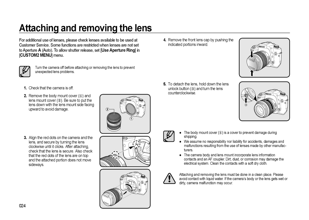 Samsung GX-20 manual Attaching and removing the lens, 024, Check that the camera is off 