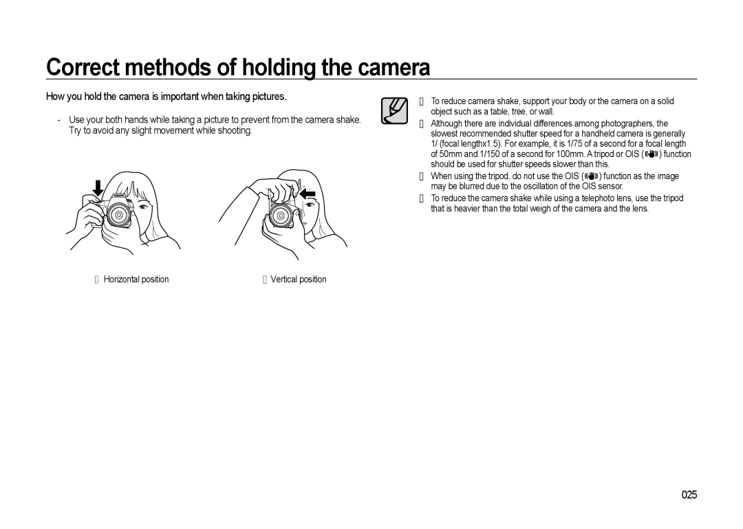 Samsung GX-20 manual Correct methods of holding the camera, How you hold the camera is important when taking pictures, 025 