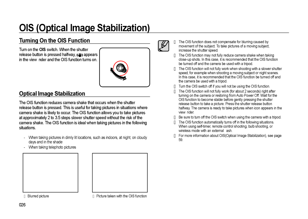 Samsung GX-20 manual OIS Optical Image Stabilization, Turning On the OIS Function, 026 