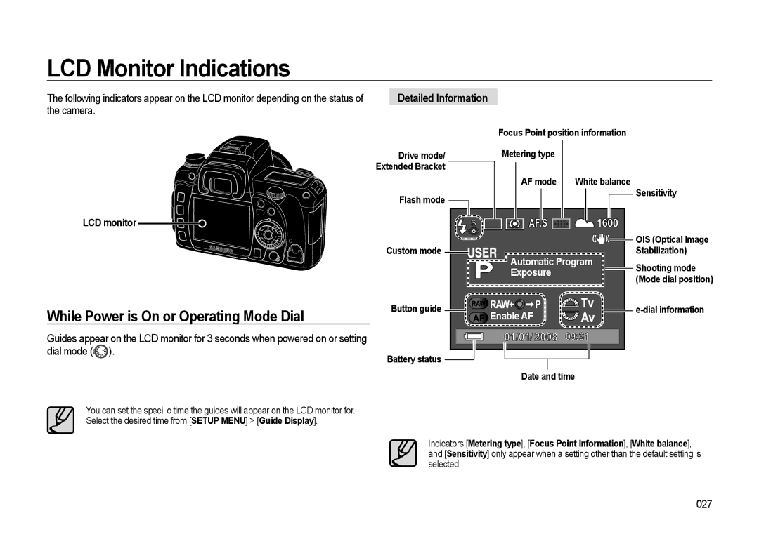 Samsung GX-20 manual LCD Monitor Indications, While Power is On or Operating Mode Dial, Detailed Information, 027 