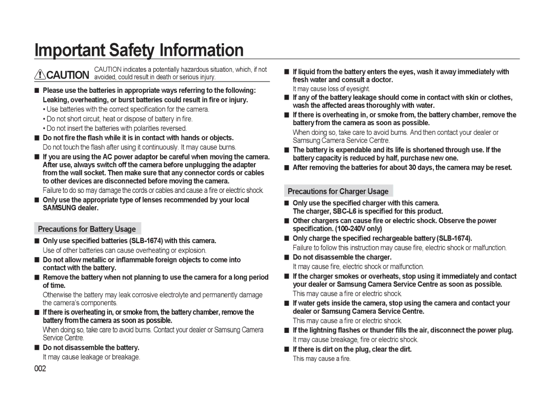 Samsung GX-20 manual Precautions for Battery Usage, Precautions for Charger Usage, 002, Do not disassemble the charger 