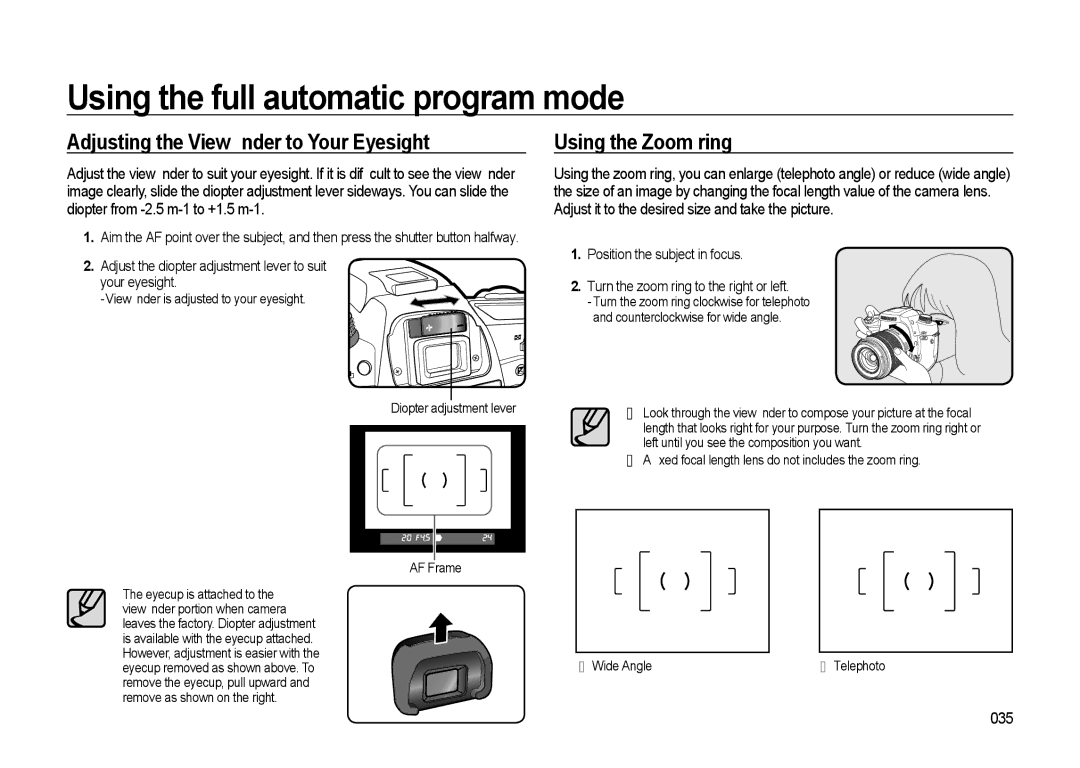 Samsung GX-20 manual Adjusting the Viewﬁnder to Your Eyesight, Using the Zoom ring, 035 