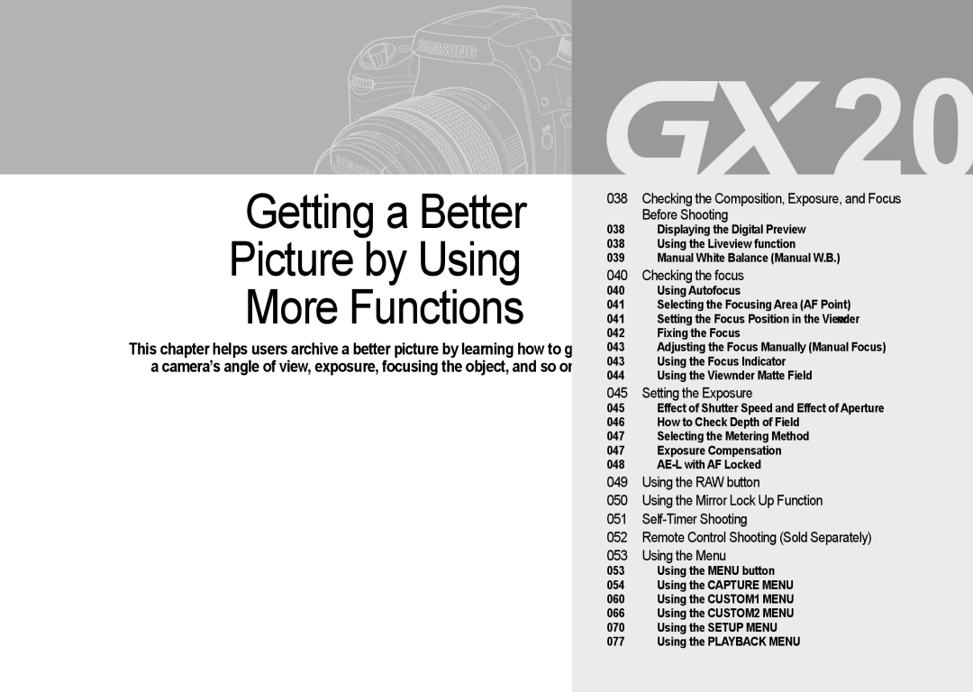 Samsung GX-20 manual Getting a Better Picture by Using More Functions 