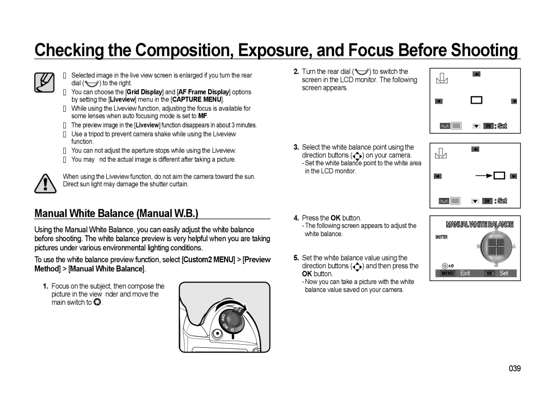 Samsung GX-20 manual Manual White Balance Manual W.B, 039, Main switch to, Press the OK button 