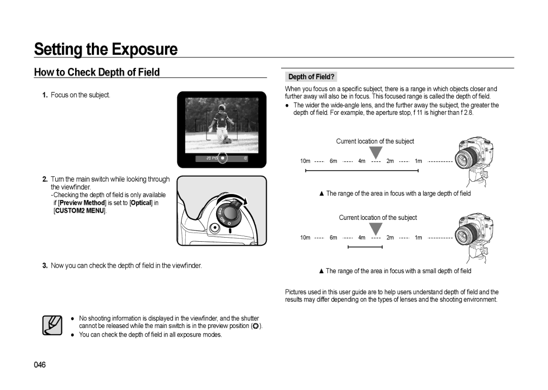 Samsung GX-20 How to Check Depth of Field, 046, Now you can check the depth of ﬁeld in the viewﬁnder, Depth of Field? 