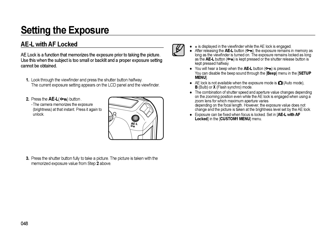 Samsung GX-20 manual AE-L with AF Locked, 048, Press the AE-L button 